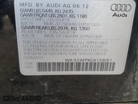 2012 Audi Q5 Premium Plus with VIN WA1LFAFPXCA128051, listed as a Copart auction lot 85865144 with 154,250 mi miles and Salvage title. Bid and sale history available at DreamBid. Image 13.