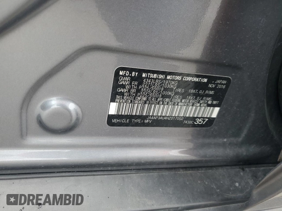 2017 Mitsubishi Outlander ES with VIN JA4AP3AU4HZ017002, listed as a Copart auction lot 59027755 with 55,875 mi miles and Salvage title. Bid and sale history available at DreamBid. Image 13.