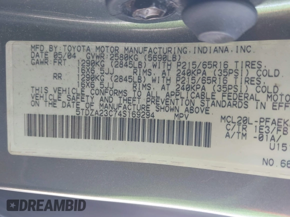 2004 Toyota Sienna CE with VIN 5TDZA23C74S169294, listed as a IAAI auction lot 42135464 with 199,312 mi miles. Bid and sale history available at carsss.com. Image 9.