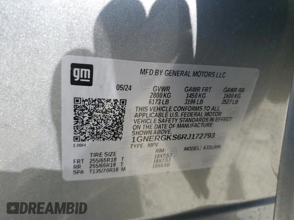2024 Chevrolet Traverse FWD LT with VIN 1GNERGKS6RJ172793, listed as a Copart auction lot 53921255 with 12,141 mi miles and Salvage title. Bid and sale history available at DreamBid. Image 14.