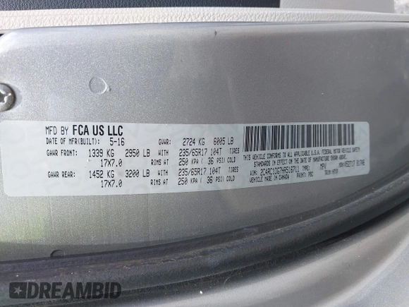2017 Chrysler Pacifica Touring with VIN 2C4RC1DG7HR516711, listed as a IAAI auction lot 42633544 with 97,853 mi miles and . Bid and sale history available at DreamBid. Image 9.