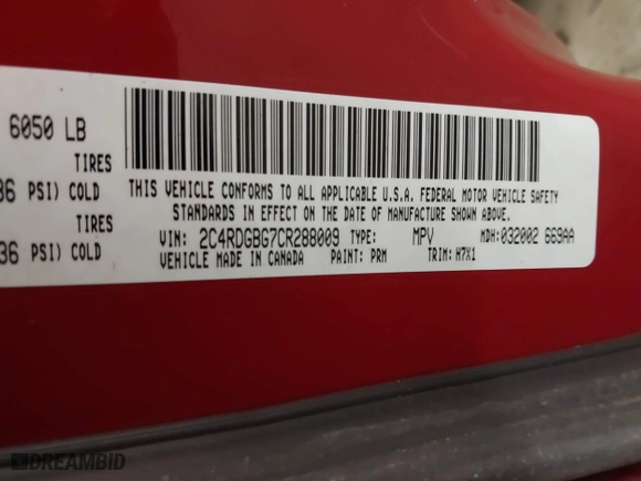 2012 Dodge Grand Caravan SE with VIN 2C4RDGBG7CR288009, listed as a IAAI auction lot 41557118 with 223,287 mi miles. Bid and sale history available at carsss.com. Image 9.