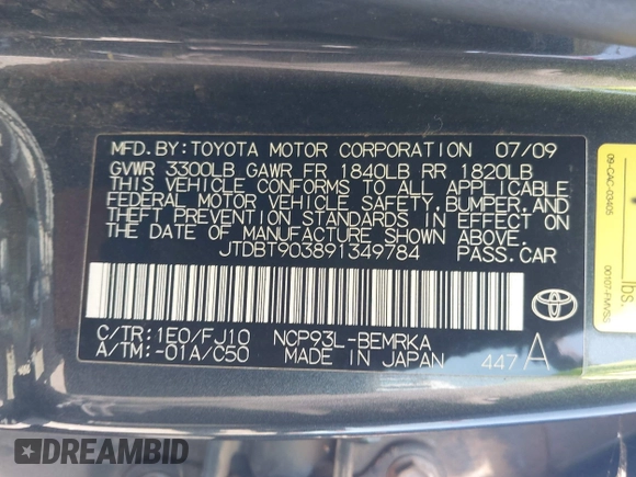 2009 Toyota Yaris with VIN JTDBT903891349784, listed as a IAAI auction lot 42135557 with 244,107 mi miles. Bid and sale history available at carsss.com. Image 9.