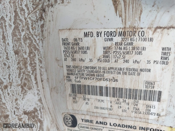 2013 Ford F-150 XL with VIN 1FTFW1CF7DFD53126, listed as a IAAI auction lot 41525709 with 136,137 mi miles. Bid and sale history available at carsss.com. Image 9.
