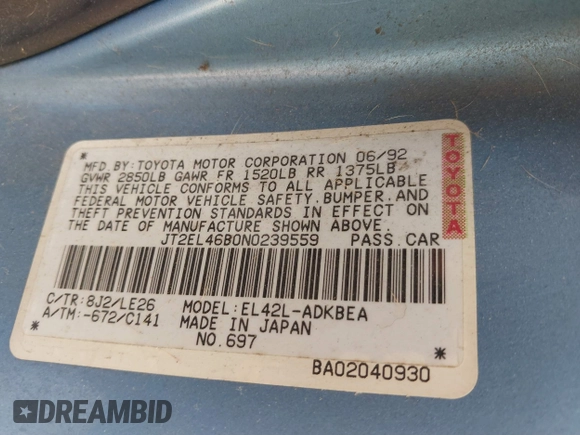 1992 Toyota Tercel z VIN JT2EL46B0N0239559, wystawiony jako IAAI lot #41890594 z przebiegiem 210 767 mil mil oraz . Historia ofert i sprzedaży dostępna na DreamBid. Obrazek 9.