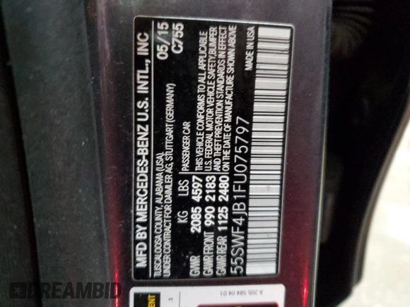 2015 Mercedes-Benz C 300 with VIN 55SWF4JB1FU075797, listed as a Copart auction lot 49870755 with 93,838 mi miles and Salvage Title. Bid and sale history available at carsss.com. Image 12.