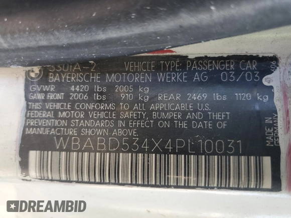 2004 BMW 3 Series 330Ci with VIN WBABD534X4PL10031, listed as a Copart auction lot 54153485 with 181,653 mi miles and Salvage title. Bid and sale history available at DreamBid. Image 13.