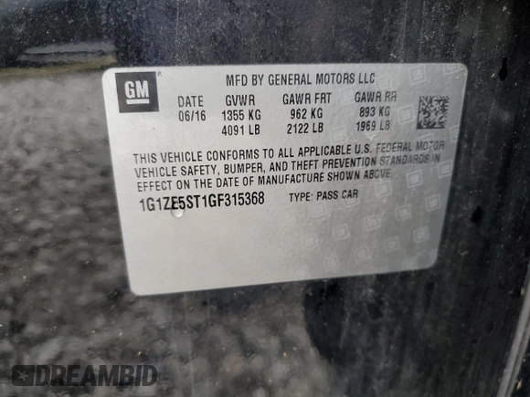 2016 Chevrolet Malibu LT with VIN 1G1ZE5ST1GF315368, listed as a Copart auction lot 55743305 with Not Provided miles and Clean Title. Bid and sale history available at DreamBid. Image 13.