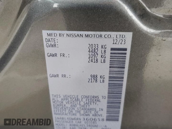2024 Nissan Altima 2.5 SV with VIN 1N4BL4DW6RN360658, listed as a Copart auction lot 44777245 with 19,181 mi miles and Salvage Title. Bid and sale history available at carsss.com. Image 12.