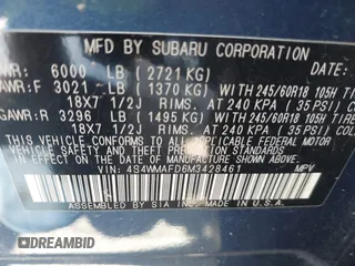 2021 Subaru Ascent Premium with VIN 4S4WMAFD6M3428461, listed as a IAAI auction lot 42450785 with 55,120 mi miles and . Bid and sale history available at DreamBid. Image 9.