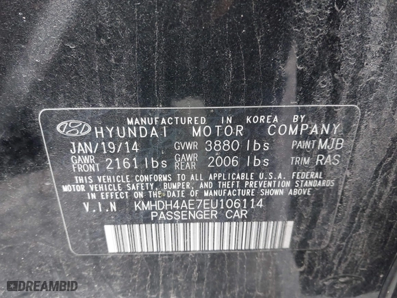 2014 Hyundai Elantra SE with VIN KMHDH4AE7EU106114, listed as a IAAI auction lot 42028273 with 147,578 mi miles. Bid and sale history available at carsss.com. Image 9.