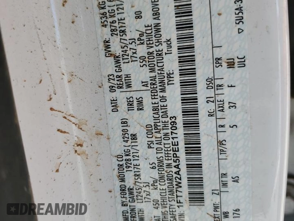 2023 Ford F-250 XL with VIN 1FT7W2AA5PEE17093, listed as a Copart auction lot 71443154 with Not provided miles and Salvage title. Bid and sale history available at DreamBid. Image 12.