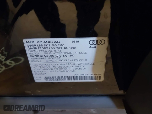2019 Audi e-tron Prestige with VIN WA1VABGE1KB008769, listed as a IAAI auction lot 41412414 with 41,072 mi miles and . Bid and sale history available at DreamBid. Image 9.