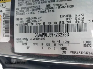 2015 Ford Fusion SE Hybrid with VIN 3FA6P0LU9FR232583, listed as a IAAI auction lot 42012175 with 139,309 mi miles and . Bid and sale history available at DreamBid. Image 9.