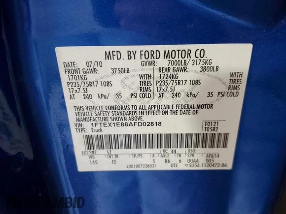 2010 Ford F-150 XL with VIN 1FTEX1E88AFD02818, listed as a Copart auction lot 64390285 with Not provided miles and Clean title. Bid and sale history available at DreamBid. Image 12.