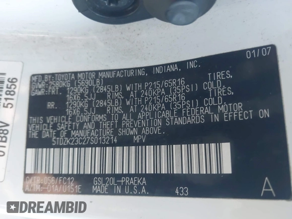 2007 Toyota Sienna CE with VIN 5TDZK23C27S013214, listed as a IAAI auction lot 42192349 with 208,832 mi miles and . Bid and sale history available at DreamBid. Image 9.