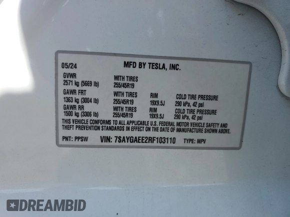 2024 Tesla Model Y Long Range with VIN 7SAYGAEE2RF103110, listed as a Copart auction lot 59422975 with 13,572 mi miles and Salvage title. Bid and sale history available at DreamBid. Image 14.