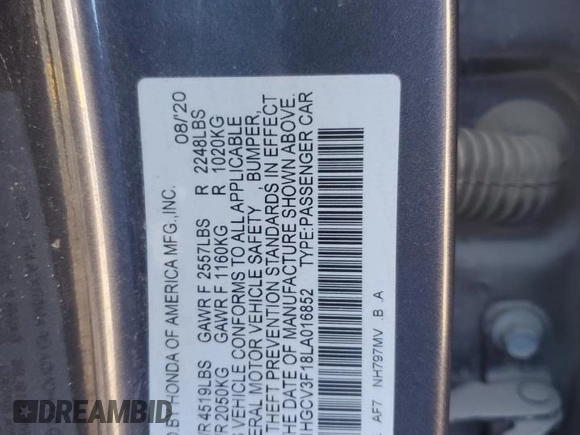 2020 Honda Accord with VIN 1HGCV3F18LA016852, listed as a Copart auction lot 43539645 with 69,699 mi miles and Salvage Title. Bid and sale history available at DreamBid. Image 14.
