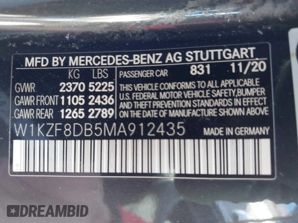 2021 Mercedes-Benz E 350 with VIN W1KZF8DB5MA912435, listed as a IAAI auction lot 42311200 with 32,631 mi miles and . Bid and sale history available at DreamBid. Image 9.