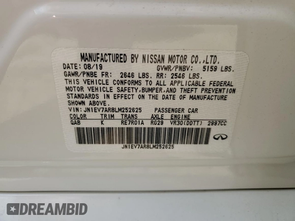 2020 Infiniti Q50 Luxe z VIN JN1EV7AR8LM252625, wystawiony jako Copart lot #58925685 z przebiegiem 7 097 mil mil oraz Szkoda całkowita • Salvage title. Historia ofert i sprzedaży dostępna na DreamBid. Obrazek 13.