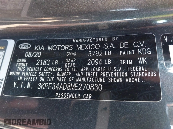 2021 Kia Forte GT-Line with VIN 3KPF34AD8ME270830, listed as a IAAI auction lot 40832173 with 68,240 mi miles and . Bid and sale history available at DreamBid. Image 9.