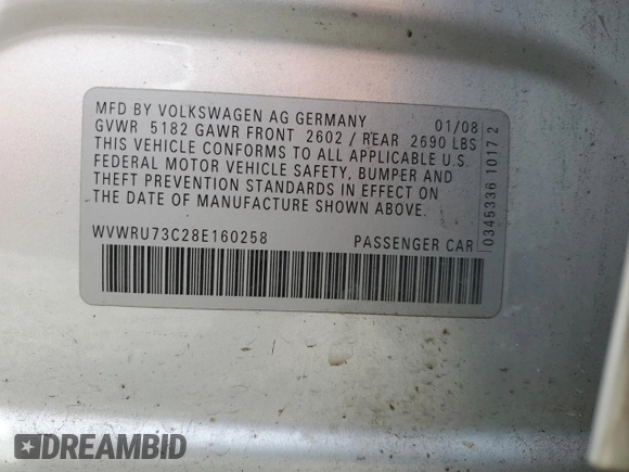 2008 Volkswagen Passat VR6 with VIN WVWRU73C28E160258, listed as a Copart auction lot 49671525 with 97,181 mi miles and Salvage title. Bid and sale history available at DreamBid. Image 13.