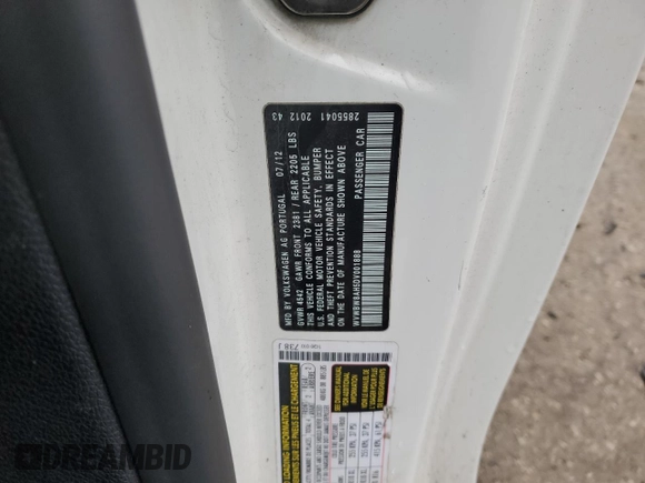 2013 Volkswagen Eos Komfort with VIN WVWBW8AH5DV001888, listed as a Copart auction lot 86886554 with 188,812 mi miles and Salvage Title. Bid and sale history available at DreamBid. Image 12.