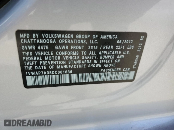 2013 Volkswagen Passat S with VIN 1VWAP7A38DC001836, listed as a Copart auction lot 61879375 with 82,841 mi miles and Salvage title. Bid and sale history available at DreamBid. Image 12.