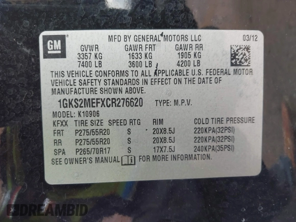 2012 GMC Yukon XL Denali with VIN 1GKS2MEFXCR276620, listed as a IAAI auction lot 41910714 with 266,800 mi miles. Bid and sale history available at carsss.com. Image 9.