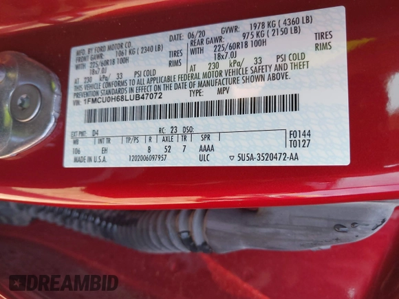 2020 Ford Escape SEL с VIN 1FMCU0H68LUB47072, выставлен на аукционе IAAI как лот 42453677 с пробегом 60 283 миль миль и . История ставок и продаж доступна на DreamBid. Изображение 9.