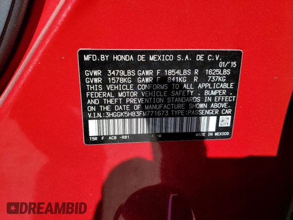 2015 Honda Fit EX-L with VIN 3HGGK5H83FM771673, listed as a Copart auction lot 76297004 with 186,736 mi miles and Salvage Title. Bid and sale history available at DreamBid. Image 15.