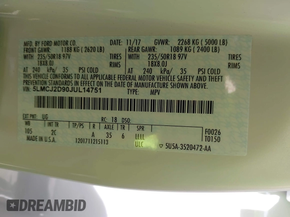 2018 Lincoln MKC Select with VIN 5LMCJ2D90JUL14751, listed as a IAAI auction lot 42091255 with 51,333 mi miles and . Bid and sale history available at DreamBid. Image 9.