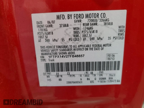 2007 Ford F-150 XLT with VIN 1FTPX14V27FB48857, listed as a Copart auction lot 59122965 with 196,724 mi miles and Salvage title. Bid and sale history available at DreamBid. Image 12.