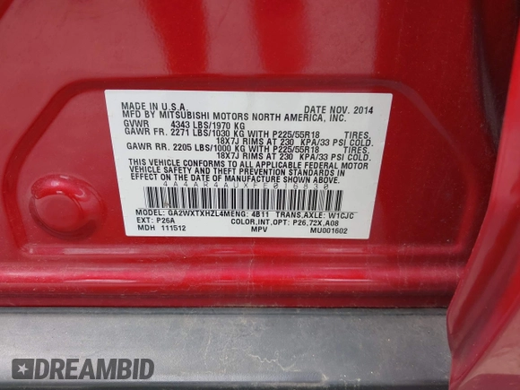 2015 Mitsubishi Outlander SE with VIN 4A4AR4AUXFE016830, listed as a IAAI auction lot 42185164 with 138,573 mi miles and . Bid and sale history available at DreamBid. Image 9.