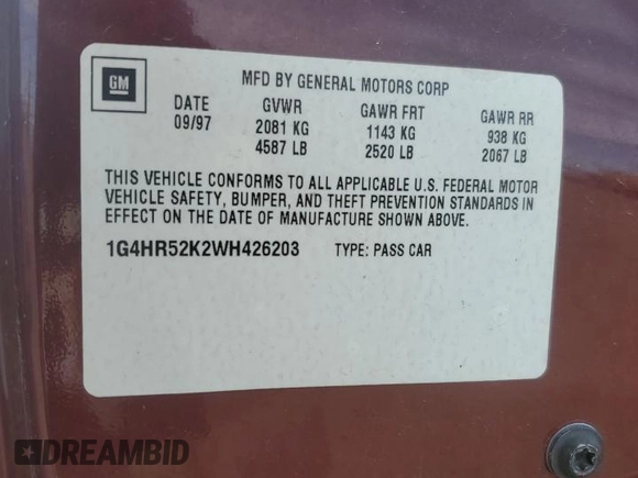 1998 Buick LeSabre Limited with VIN 1G4HR52K2WH426203, listed as a Copart auction lot 48157505 with 120,144 mi miles and Salvage title. Bid and sale history available at DreamBid. Image 14.