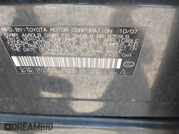 2008 Lexus ES 330 z VIN JTHBJ46GX82182547, wystawiony jako IAAI lot #42322564 z przebiegiem 303 870 mil mil oraz . Historia ofert i sprzedaży dostępna na DreamBid. Obrazek 9.