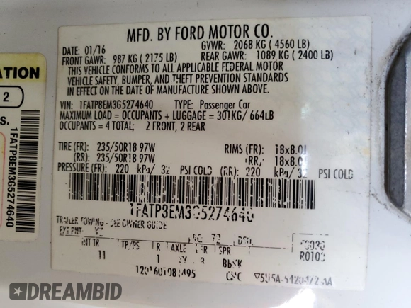2016 Ford Mustang V6 с VIN 1FATP8EM3G5274640, выставлен на аукционе Copart как лот 58904195 с пробегом 149 109 миль миль и Списание • Salvage title. История ставок и продаж доступна на DreamBid. Изображение 13.