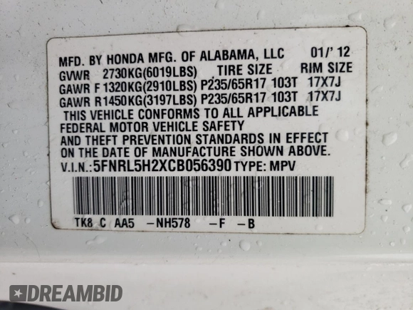 2012 Honda Odyssey LX with VIN 5FNRL5H2XCB056390, listed as a Copart auction lot 55902475 with 207,413 mi miles and Clean Title. Bid and sale history available at carsss.com. Image 13.