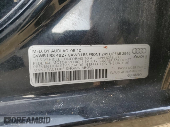 2010 Audi A4 2.0T Premium with VIN WAUBFAFL6AN067797, listed as a Copart auction lot 72987914 with 228,645 mi miles and Clean Title. Bid and sale history available at carsss.com. Image 12.