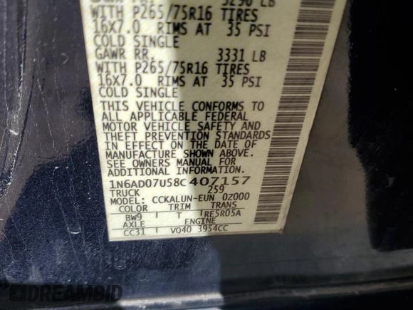 2008 Nissan Frontier SE with VIN 1N6AD07U58C407157, listed as a Copart auction lot 54694315 with 174,465 mi miles and Salvage title. Bid and sale history available at DreamBid. Image 12.