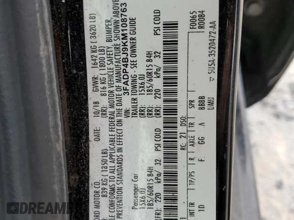 2019 Ford Fiesta SE z VIN 3FADP4BJ9KM108763, wystawiony jako Copart lot #47057585 z przebiegiem 106 535 mil mil oraz Szkoda całkowita • Salvage title. Historia ofert i sprzedaży dostępna na DreamBid. Obrazek 14.