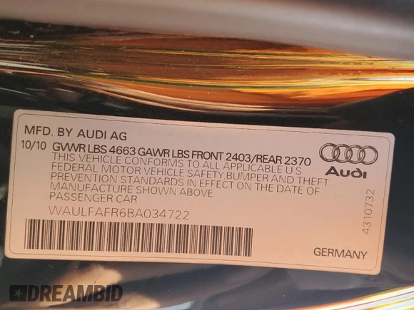 2011 Audi A5 Premium Plus with VIN WAULFAFR6BA034722, listed as a Copart auction lot 58052455 with 119,615 mi miles and Salvage title. Bid and sale history available at DreamBid. Image 13.