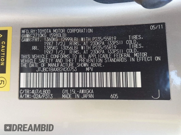 2011 Lexus RX 450h with VIN JTJBC1BAXB2420753, listed as a IAAI auction lot 41823358 with 102,714 mi miles and . Bid and sale history available at DreamBid. Image 9.