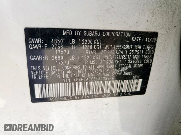 2020 Subaru Outback Premium с VIN 4S4BTAEC6L3139346, выставлен на аукционе Copart как лот 57165245 с пробегом 75 045 миль миль и Списание • Salvage title. История ставок и продаж доступна на DreamBid. Изображение 13.
