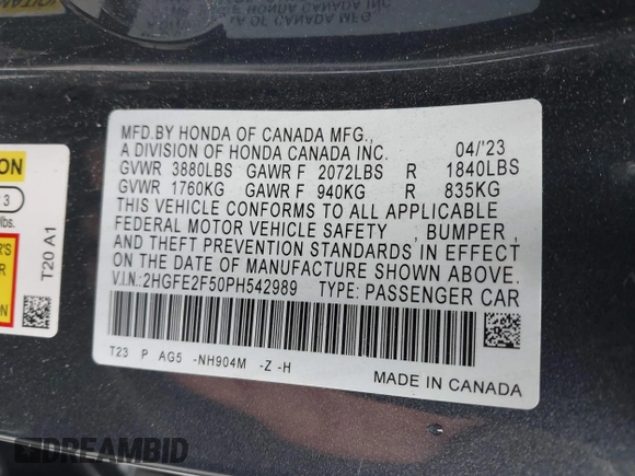 2023 Honda Civic Sport with VIN 2HGFE2F50PH542989, listed as a IAAI auction lot 42184805 with Not provided miles and . Bid and sale history available at DreamBid. Image 9.