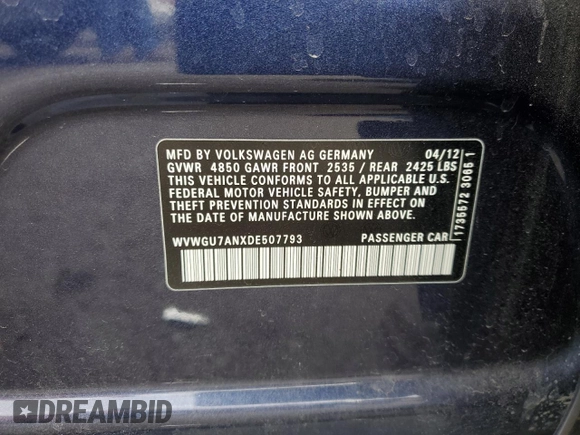 2013 Volkswagen CC VR6 Executive 4Motion with VIN WVWGU7ANXDE507793, listed as a Copart auction lot 49826915 with 105,460 mi miles and Salvage Title. Bid and sale history available at carsss.com. Image 14.