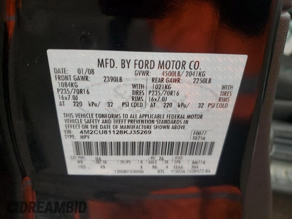 2008 Mercury Mariner with VIN 4M2CU81128KJ35269, listed as a Copart auction lot 49903065 with 273,710 mi miles and Salvage title. Bid and sale history available at DreamBid. Image 14.