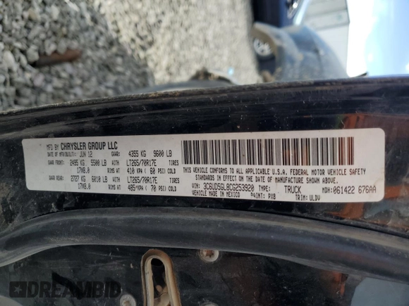 2012 Ram 2500 Laramie Limited with VIN 3C6UD5GL8CG253920, listed as a Copart auction lot 56412985 with Not provided miles and Salvage title. Bid and sale history available at DreamBid. Image 12.