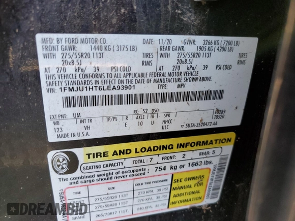 2020 Ford Expedition XLT z VIN 1FMJU1HT6LEA93901, wystawiony jako Copart lot #80294684 z przebiegiem Nie podano mil oraz Szkoda całkowita • Salvage title. Historia ofert i sprzedaży dostępna na DreamBid. Obrazek 13.