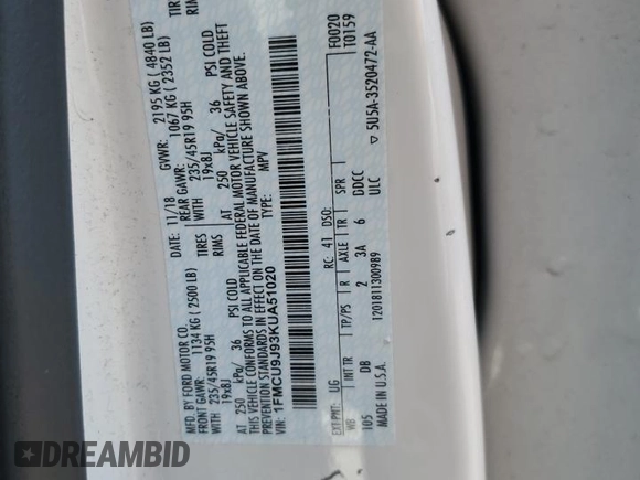 2019 Ford Escape Titanium z VIN 1FMCU9J93KUA51020, wystawiony jako Copart lot #60462495 z przebiegiem 59 998 mil mil oraz Szkoda całkowita • Salvage title. Historia ofert i sprzedaży dostępna na DreamBid. Obrazek 12.